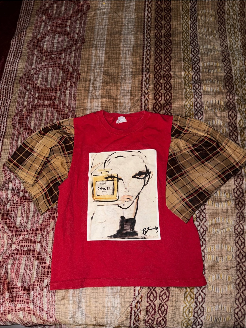 Red Graphic Tee with Plaid Puff Sleeves